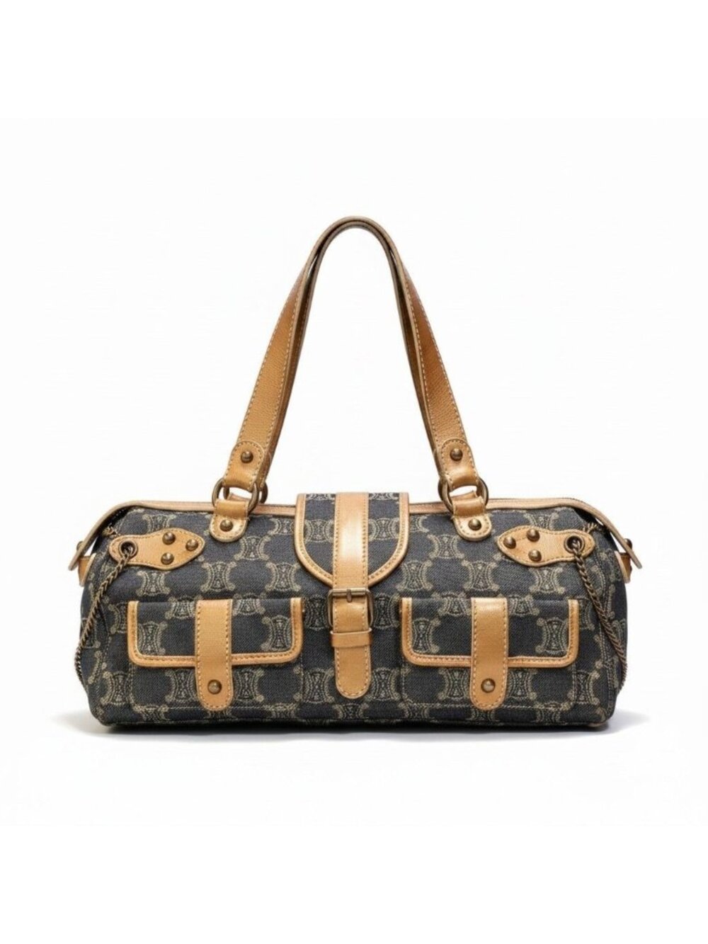Celine Macadam Pattern Vintage Denim Bag Indigo Orange Beige